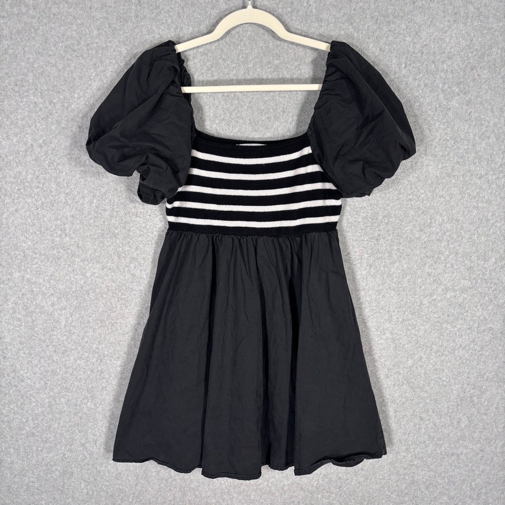 Babydoll Milkmaid‎ Mini Dress Medium Black Striped Puff Sleeve Square Neck Goth